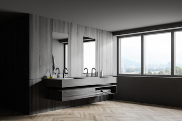 Gray and wooden bathroom corner, double sink