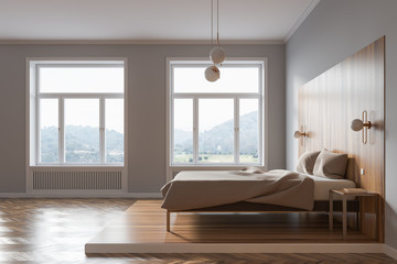 Gray and wooden master bedroom, side view