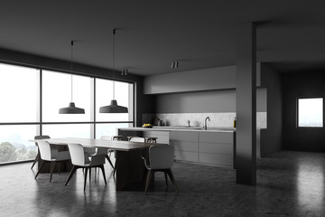 Gray and white kitchen corner with table