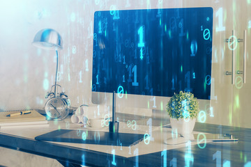 Double exposure of computer and technology theme hologram. Concept of freelance work.