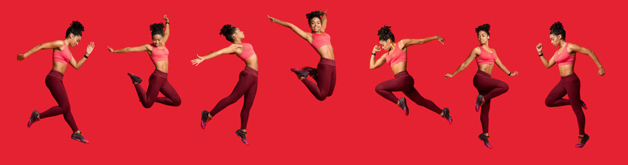 Panoramic collage of jumping sporty girl over red background