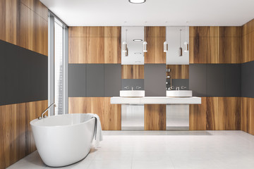 Gray and wooden bathroom, tub and sink