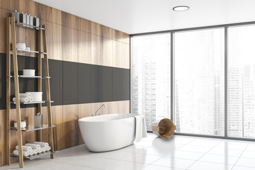 Gray and wood bathroom corner, tub and shelves