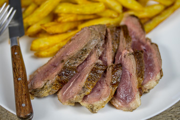 magret de canard et frites dans une assiette