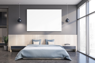 Gray master bedroom with poster