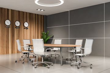 Gray and wooden meeting room corner