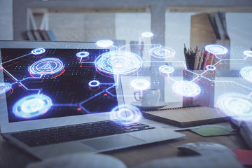Computer on desktop with social network theme icon. Multi exposure. Concept of international connections.