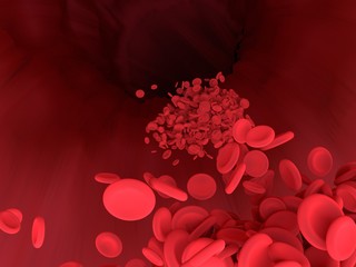 Red blood cell is flowing in blood vessel of body. Science graphic for education of school. 3D rendering.