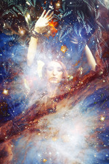 beautiful woman in cosmic space. Graphic collage.