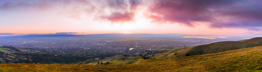 Panoramic sunset view of San Jose and South San Francisco Bay Area, also known as Silicon Valley;...