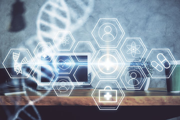Desktop computer background and DNA drawing. Double exposure. Science concept.