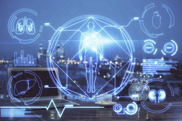 Desktop computer background and education theme drawing. Double exposure. Study concept.