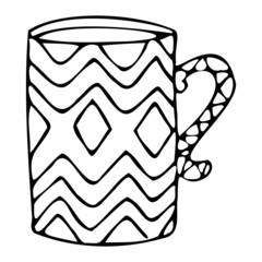 Vector illustration of cute coffee mug. Black outlines isolated on white background. Doodle style. Design for greeting cards, gifts, wrapping paper etc.