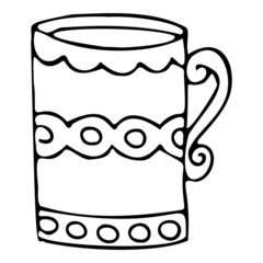 Vector illustration of cute coffee mug. Black outlines isolated on white background. Doodle style. Design for greeting cards, gifts, wrapping paper etc.