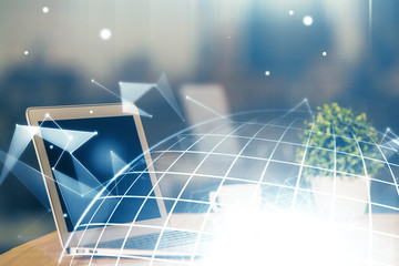 Multi exposure of table with computer and world map hologram. International data network concept.