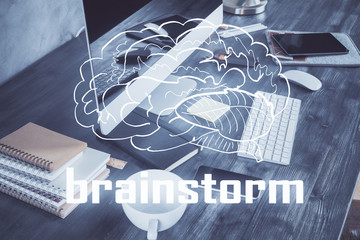 Desktop computer background in office and start up theme hologram drawing. Double exposure. Startup...