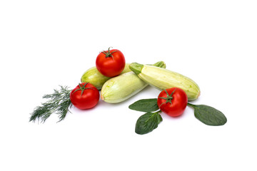 Zucchini with tomatoes isolated on white background. Fresh vegetable on white background. Tomatoes , zucchini, on isolated white background.