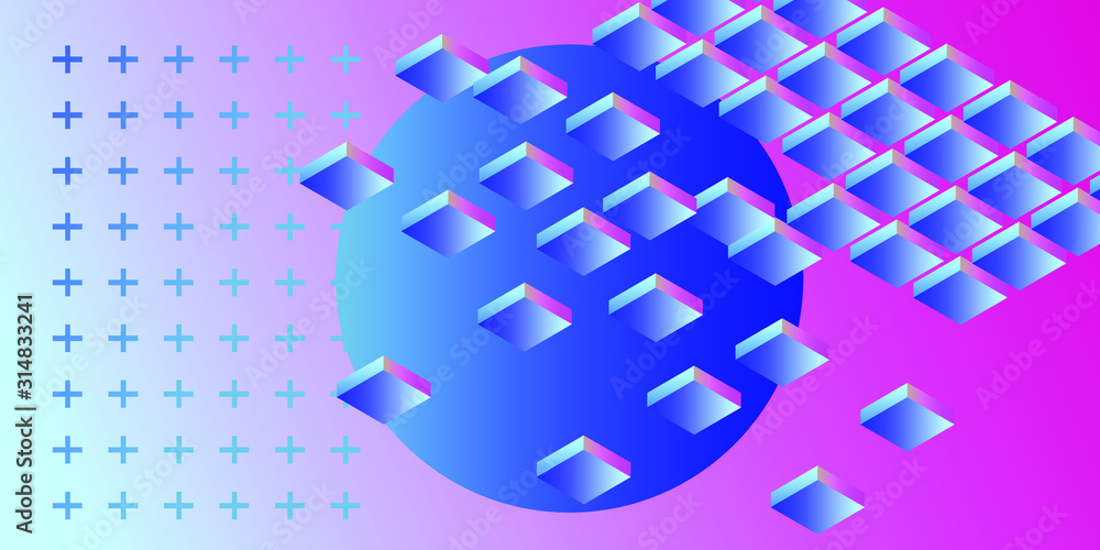 Poster abstract geometric minimal background with 3d isometric blocks in neon 80's-90's fluorescent lightin