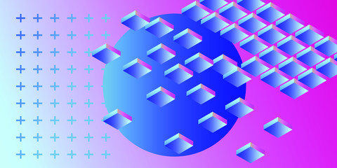 Abstract geometric minimal background with 3d isometric blocks in neon 80's-90's fluorescent lighting. Retrofuturistic Vaporwave and Synthwave style illustration.