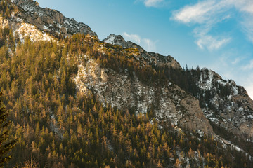 Peaceful mountain view of Hochschwab mountains Tragos, Oberort in Austria Styria. Tourist destination lake Gruner See in winter.
