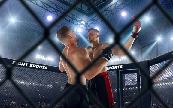 MMA fighters on professional ring. Fighting Championship. - Powered by Adobe