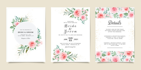 Fototapeta na wymiar Set of card with flowers decoration. Invitation template set with floral bouquets. Roses and leaves botanic illustration for wedding card, background, save the date, greeting, poster, cover vector