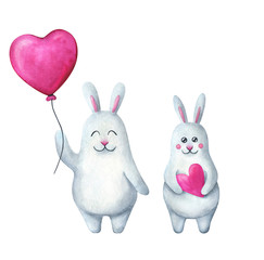 Two lovebirds with a pink balloon in the shape of a heart.Watercolor illustration for a print, postcard, poster for Valentine's day, February 14. Characters isolated on a white background.