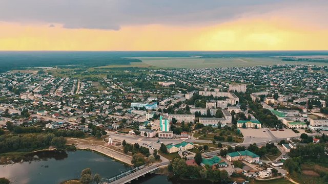 Dobrush, Gomel Region, Belarus. Aerial View Of Cityscape Skyline.