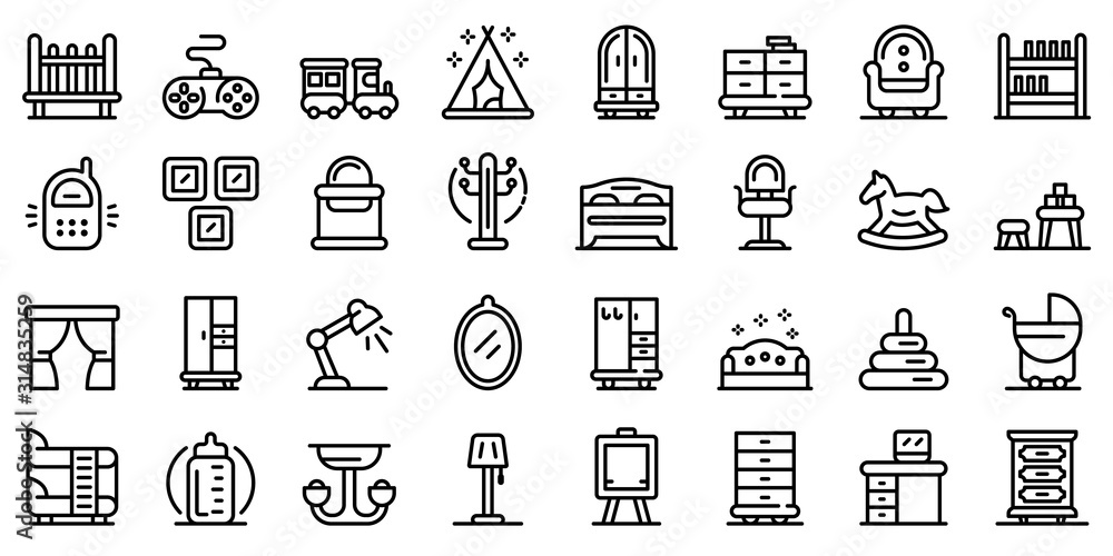 Poster childrens room icons set. outline set of childrens room vector icons for web design isolated on whit