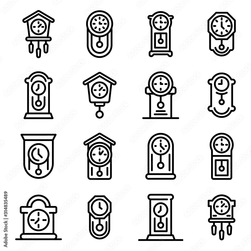 Poster pendulum clock icons set. outline set of pendulum clock vector icons for web design isolated on whit
