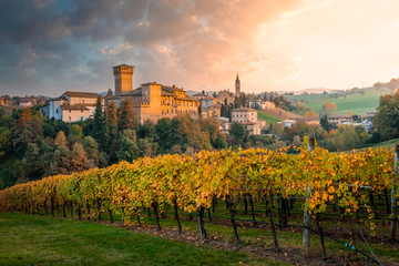 Fototapeta na wymiar Levizzano Rangone vineyards and countryside at sunset. Levizzano Rangone, Modena province, Emilia Romagna, Italy