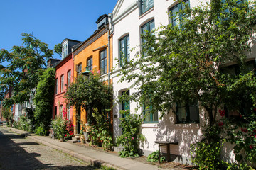 The typical danish terraced houses with their colorful facades. Nice example of scandinavian design.