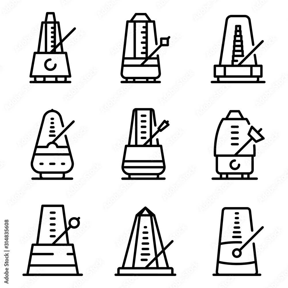 Poster metronome icons set. outline set of metronome vector icons for web design isolated on white backgrou