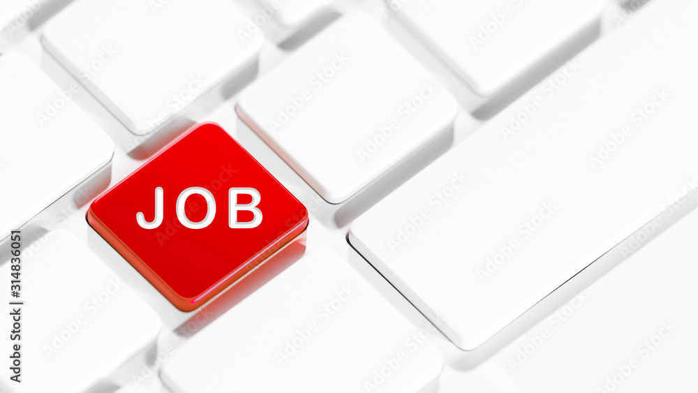 Poster red key job on white keyboard. copy space for text on right side