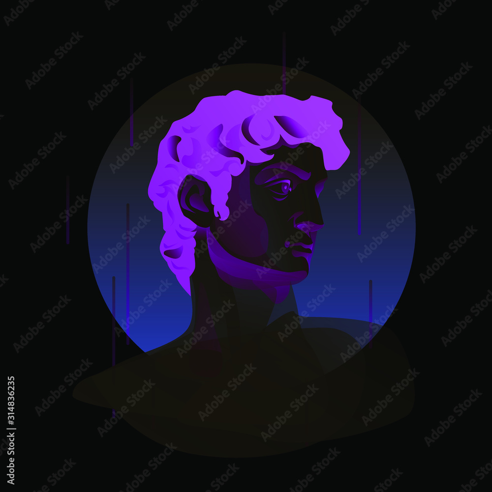 Poster postmodern sculpture bust of david in retrofuturistic vaporwave style and composition with glitched 