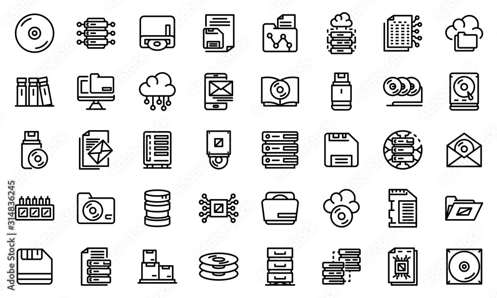 Poster storage icons set. outline set of storage vector icons for web design isolated on white background