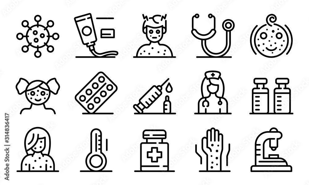 Poster chicken pox icons set. outline set of chicken pox vector icons for web design isolated on white back