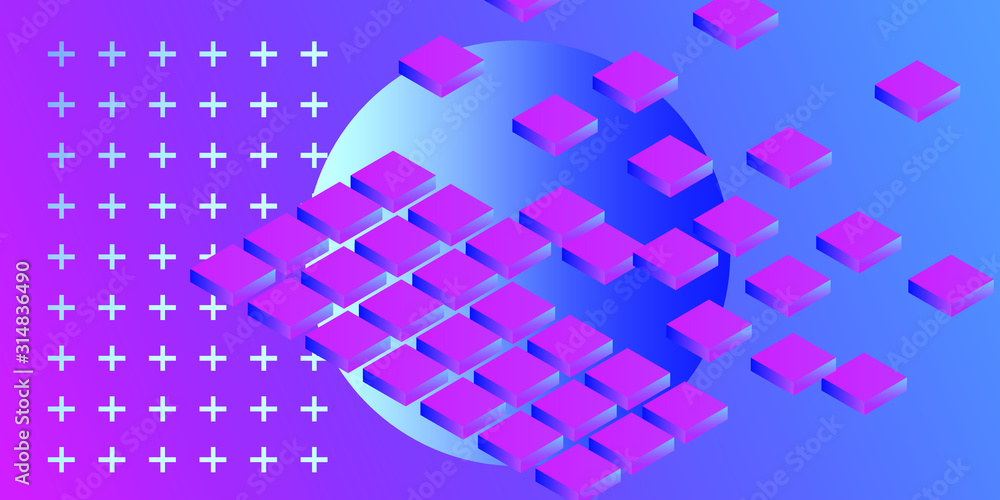 Poster abstract geometric minimal background with 3d isometric blocks in neon 80's-90's fluorescent lightin
