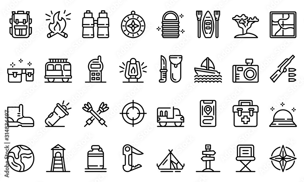 Poster safari equipment icons set. outline set of safari equipment vector icons for web design isolated on 
