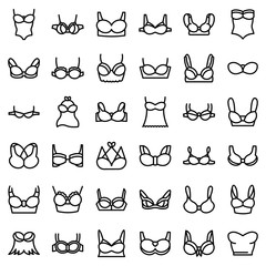 Bra icons set. Outline set of bra vector icons for web design isolated on white background