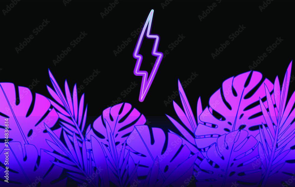 Aufkleber neon glowing sign of thunderbolt or lightning bolt with tropical palm leaves around it. retrowave an