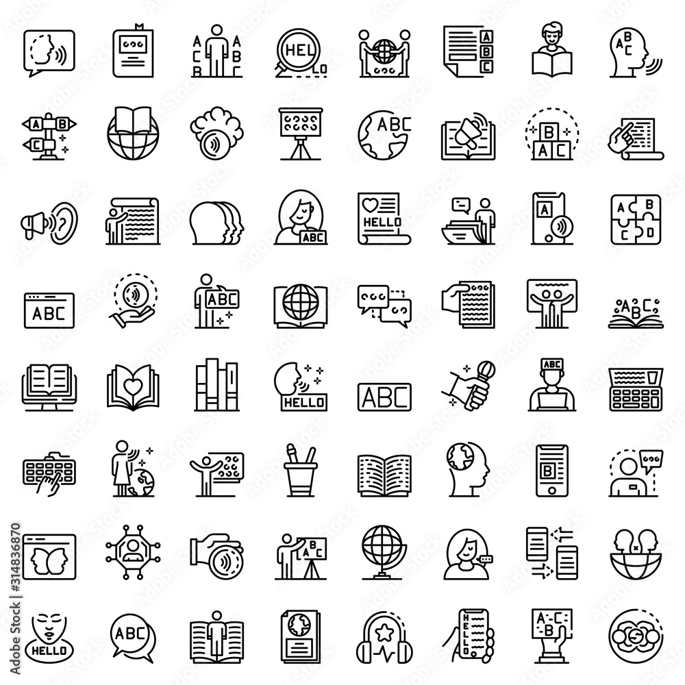 Poster linguist icons set. outline set of linguist vector icons for web design isolated on white background