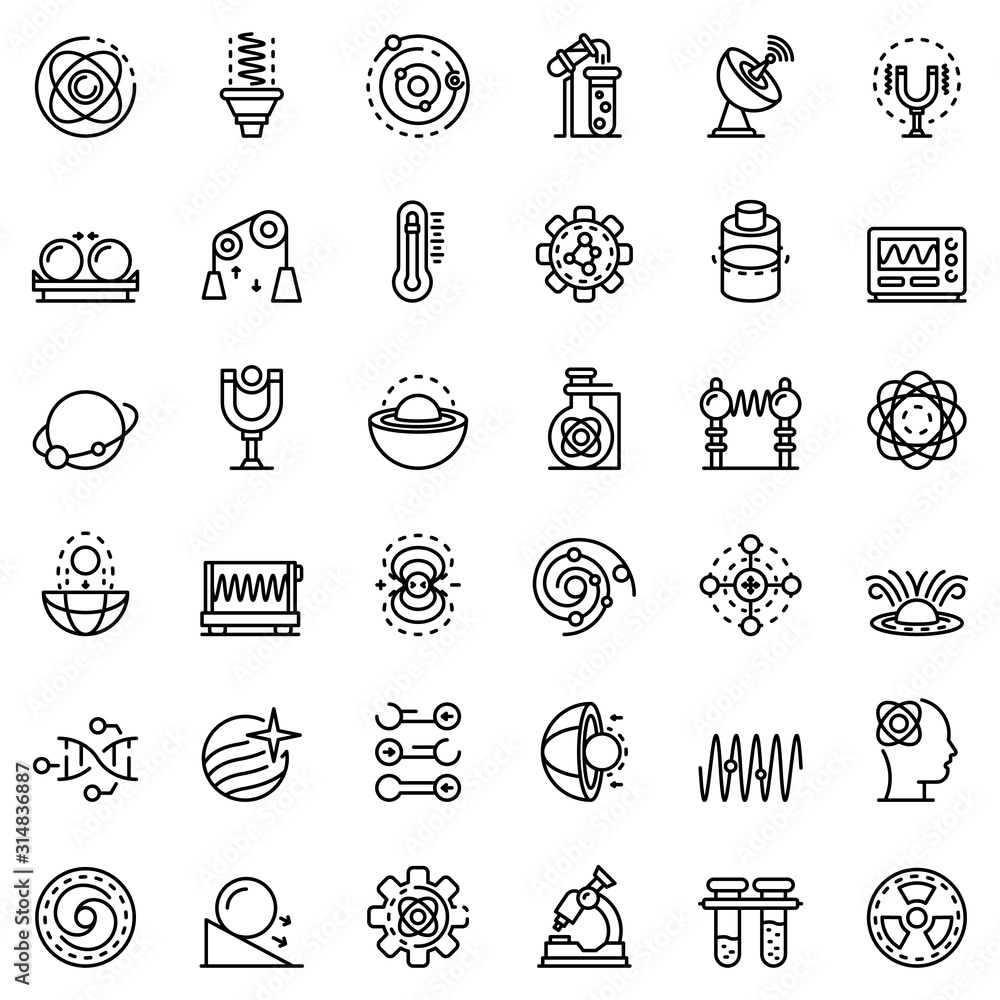Poster biophysics icons set. outline set of biophysics vector icons for web design isolated on white backgr