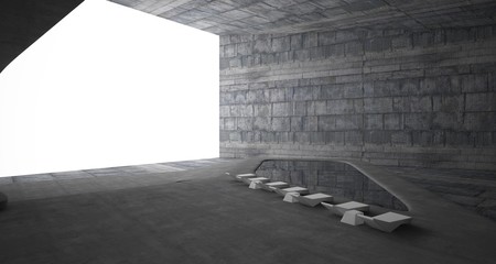 Abstract architectural concrete smooth interior of a minimalist house with swimming pool. 3D illustration and rendering.