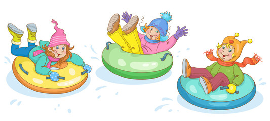 Winter entertainments. A group of funny children ride down the hill on a snow tubes. In cartoon style. Isolated on white background. Vector illustration.