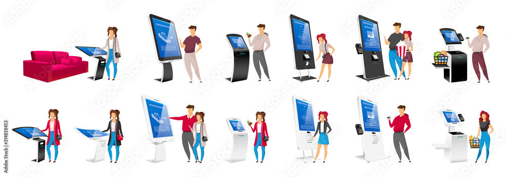 Poster people using self order kiosks flat color vector faceless characters set. interactive machine users 