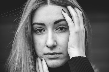 Acne and scars, simple woman close up natural portrait, No makeup and retouch. Problem skin