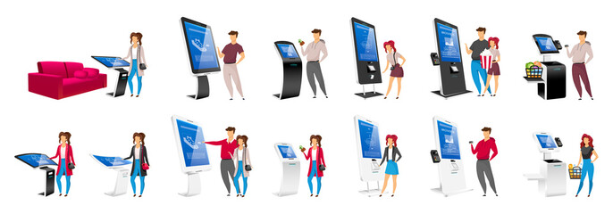 People using self order kiosks flat color vector faceless characters set. Interactive machine users isolated cartoon illustrations on white background. Electronic eqipment and touchscreen counters - obrazy, fototapety, plakaty