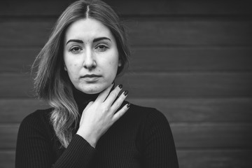 Acne and scars, simple woman close up natural portrait, No makeup and retouch. Problem skin