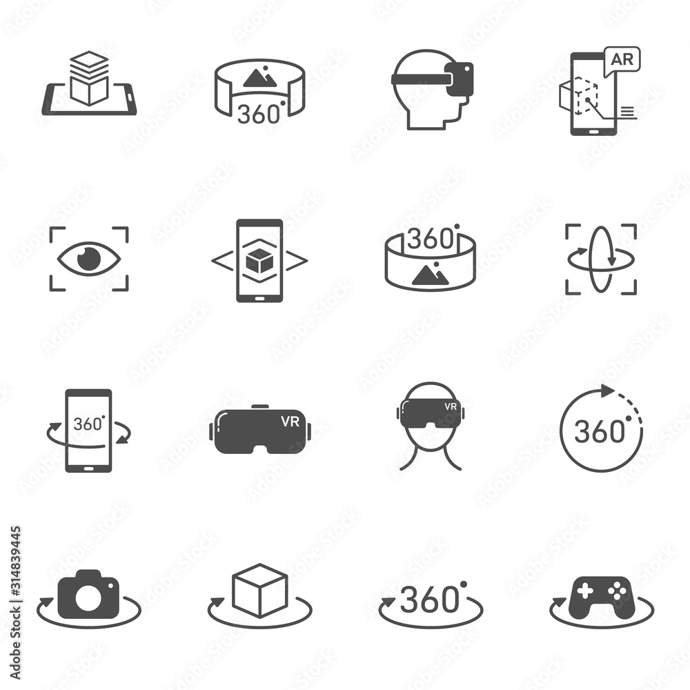 Poster virtual and augmented reality vector icons set isolated on white background. ar and vr technology ic